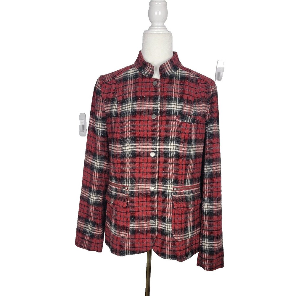 L.L. Bean Womens Jacket M Red Black White Plaid Wool Button Front Elbow Patches